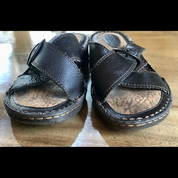 Womens Dark Brown B.O.C. By Born Leather Cross Strap Slide Sandals Shoes 8 EUR39 - Picture 3 of 14